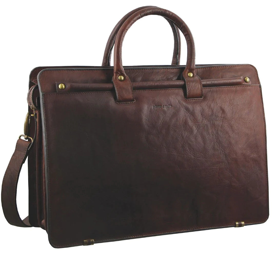 Pierre Cardin Mens Rustic Leather 15" Laptop Computer Shoulder Bag Handbag Briefcase - Chestnut-1