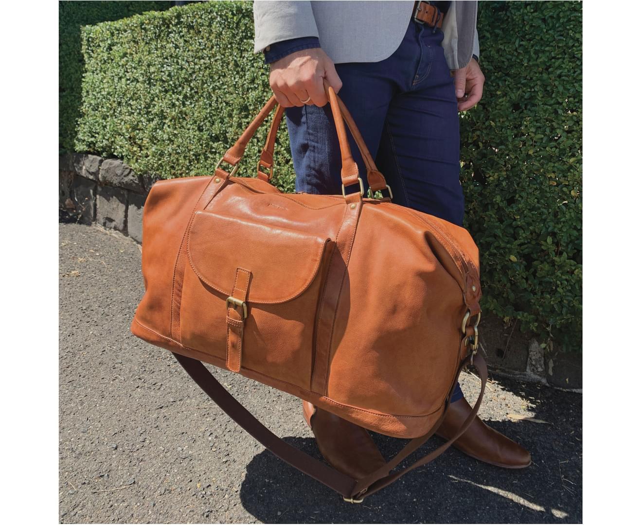 Pierre Cardin Mens Leather Business Overnight Bag Luggage Duffle Weekend Travel - Cognac-3