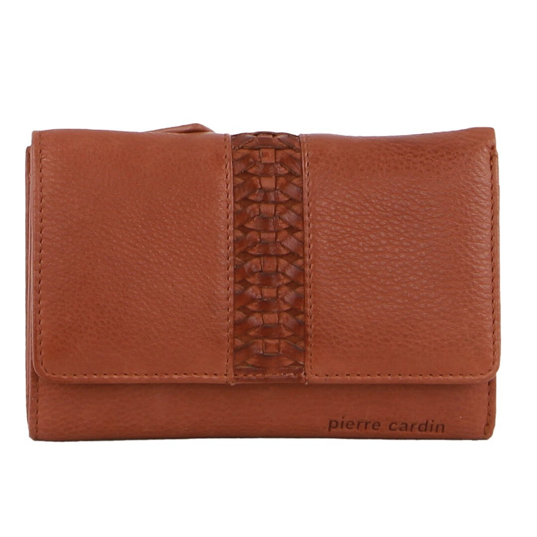 Pierre Cardin Leather Ladies Woven Design Tri-Fold Leather Wallet in Tan