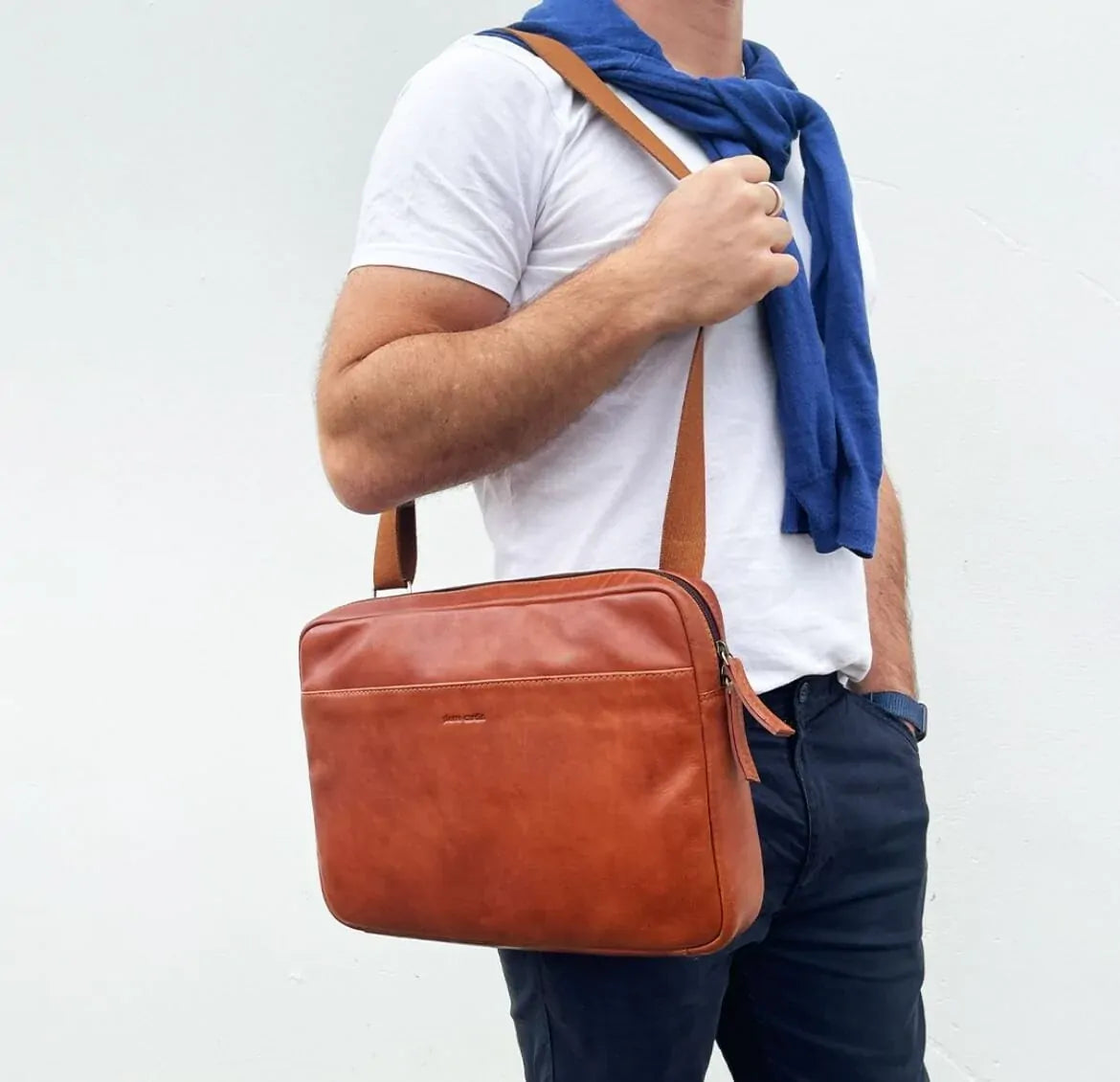 Pierre Cardin Mens Italian Leather Business Computer Laptop Bag in Cognac-4