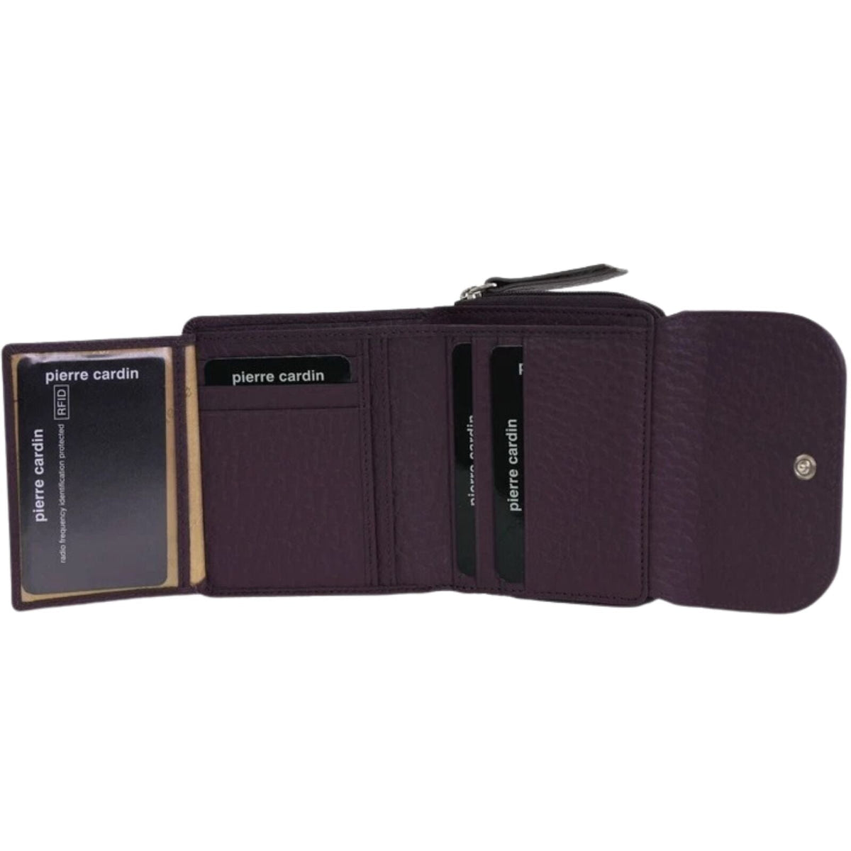 Pierre Cardin Ladies Leather Wallet Trifold Italian Snap Tab Multi Card Zip Coin in Burgundy Taupe