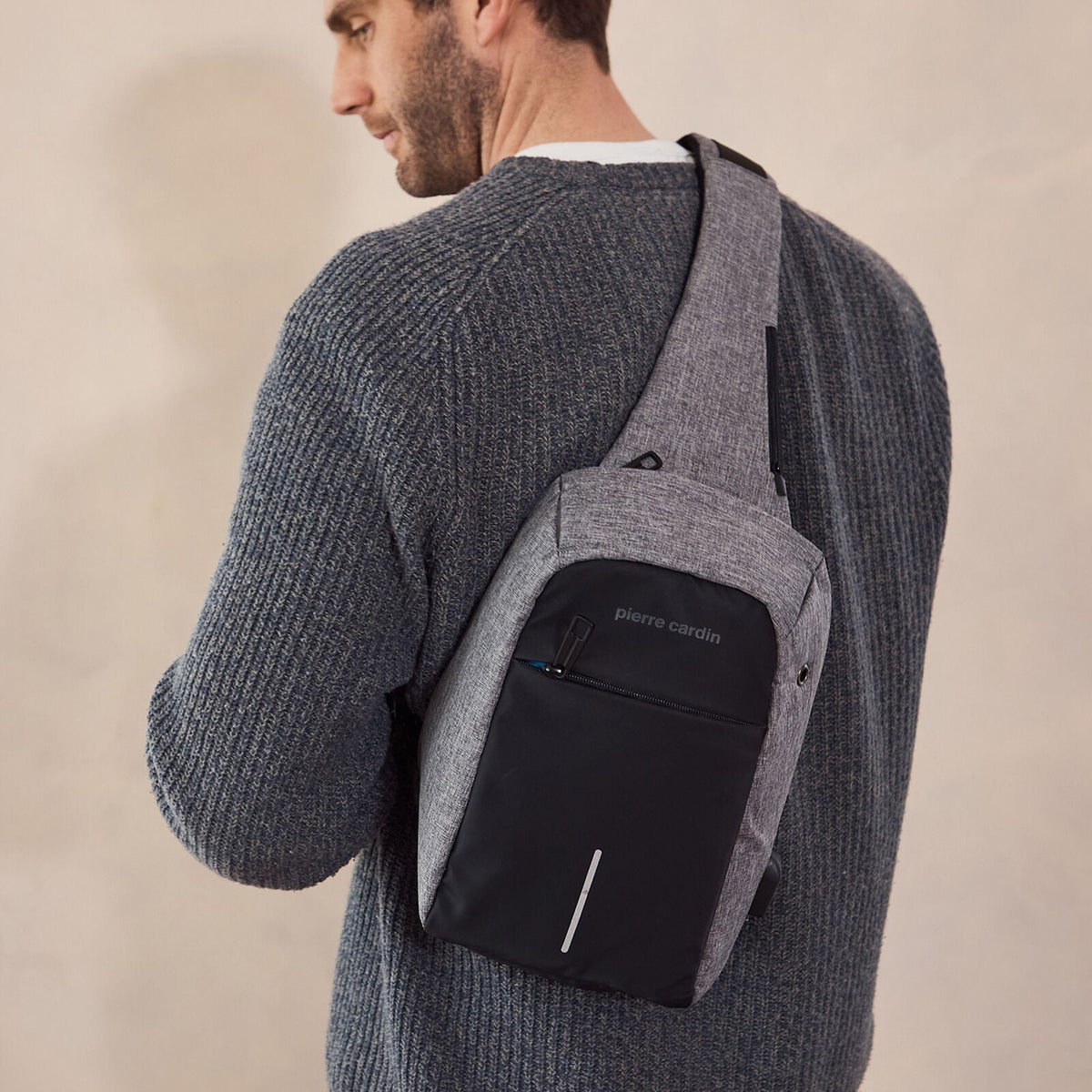 Pierre Cardin Mens Nylon Sling Bag - Grey/Black