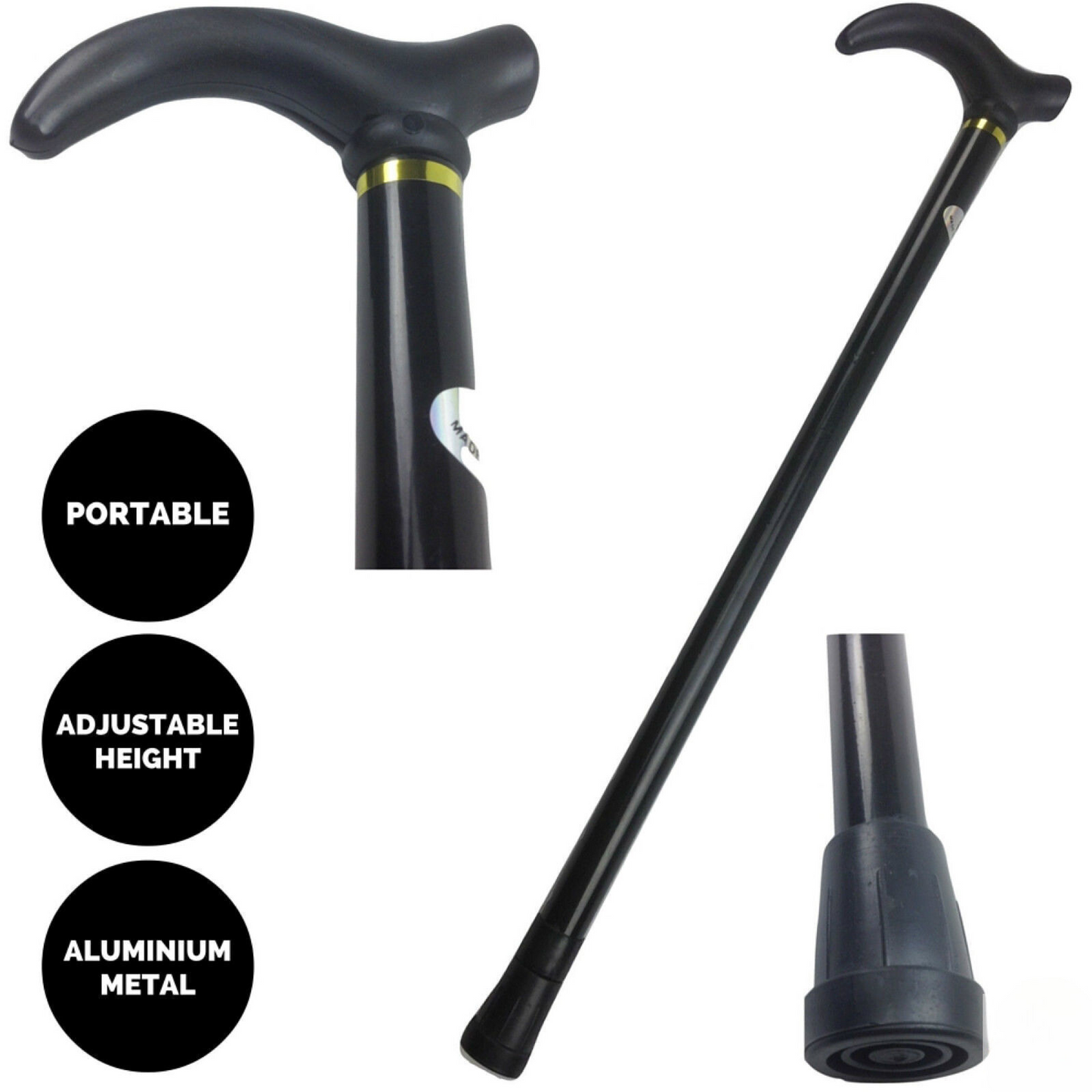 Metal WALKING STICK Travel Extendable Pole Compact Adjustable Lightweight - Black-1