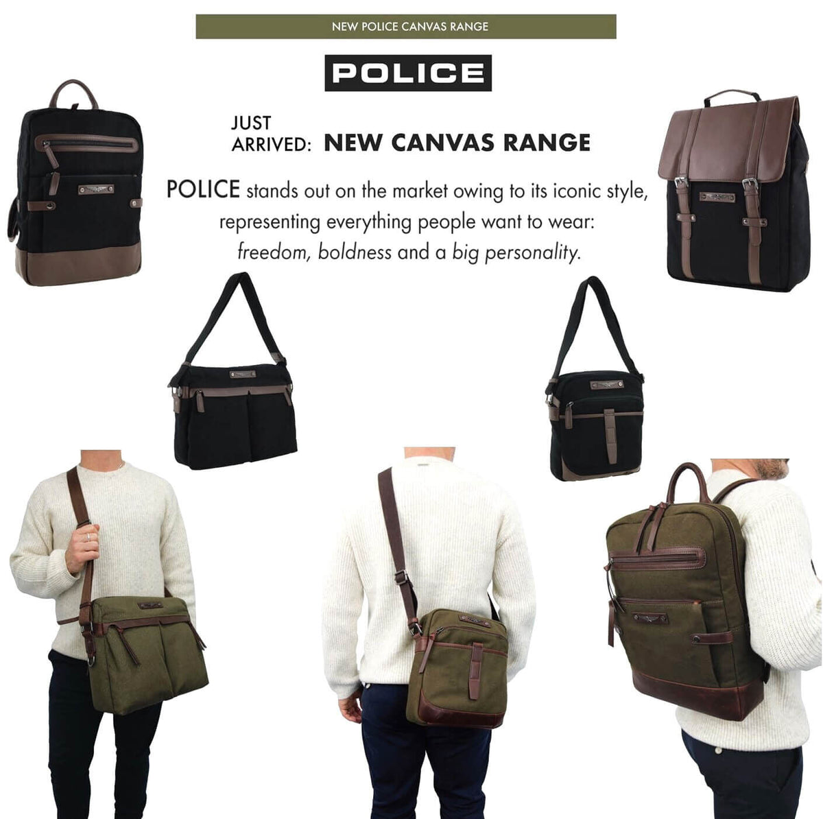 POLICE Wings Mens Canvas Backpack Bag with Laptop Computer Sleeve in Dark Olive