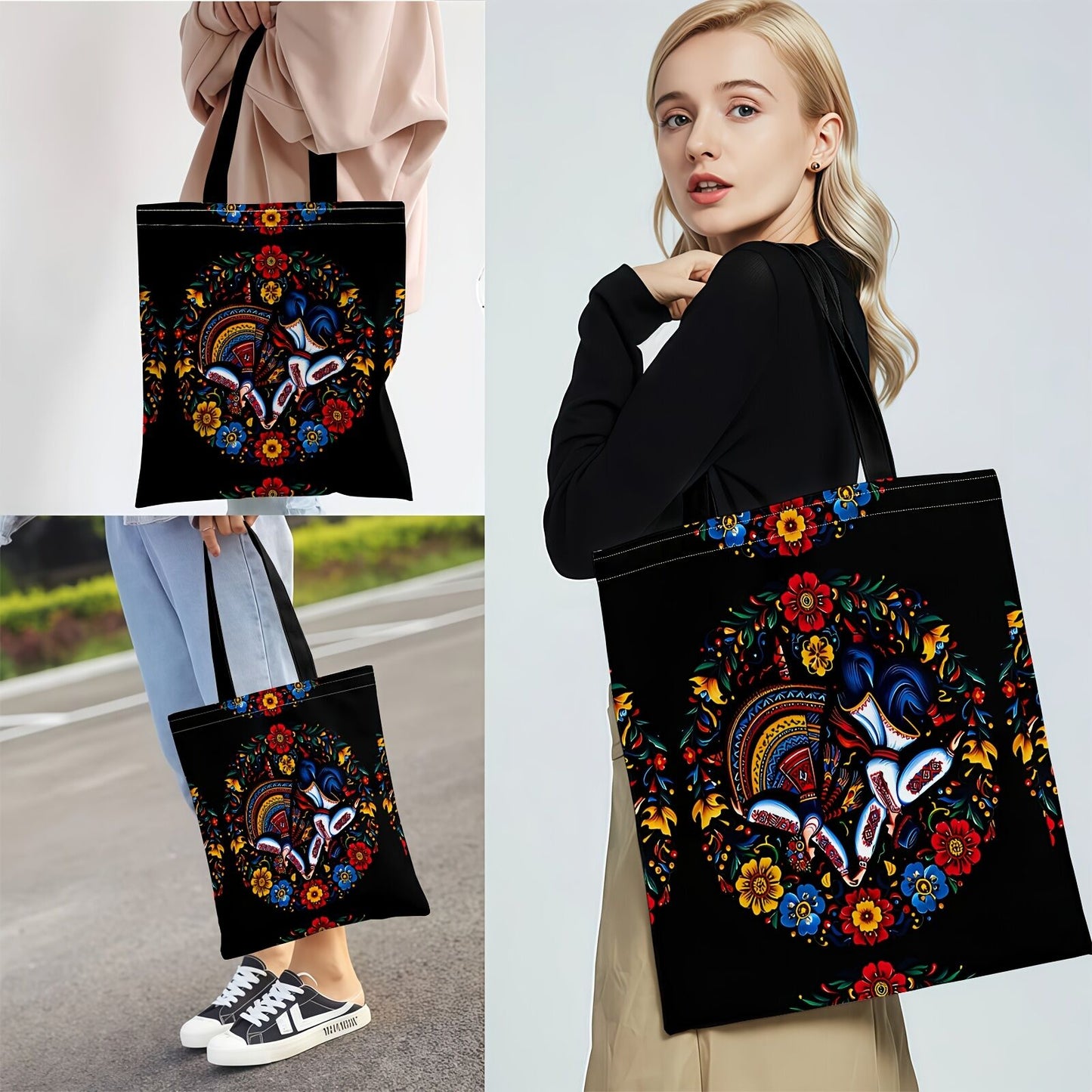 Ukrainian Floral Print Tote Bag - Black with Colourful Ethnic Pattern & Fixed Shoulder Straps-4