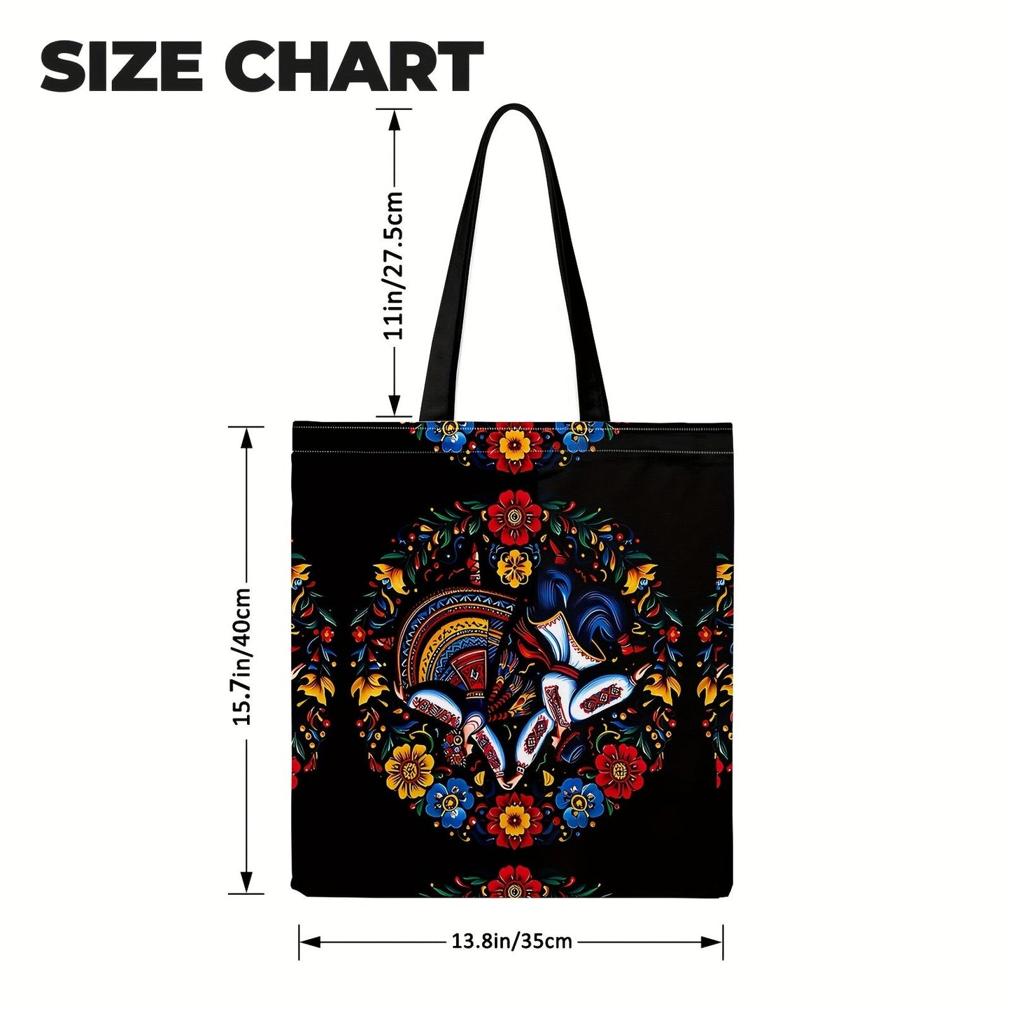 Ukrainian Floral Print Tote Bag - Black with Colourful Ethnic Pattern & Fixed Shoulder Straps-3