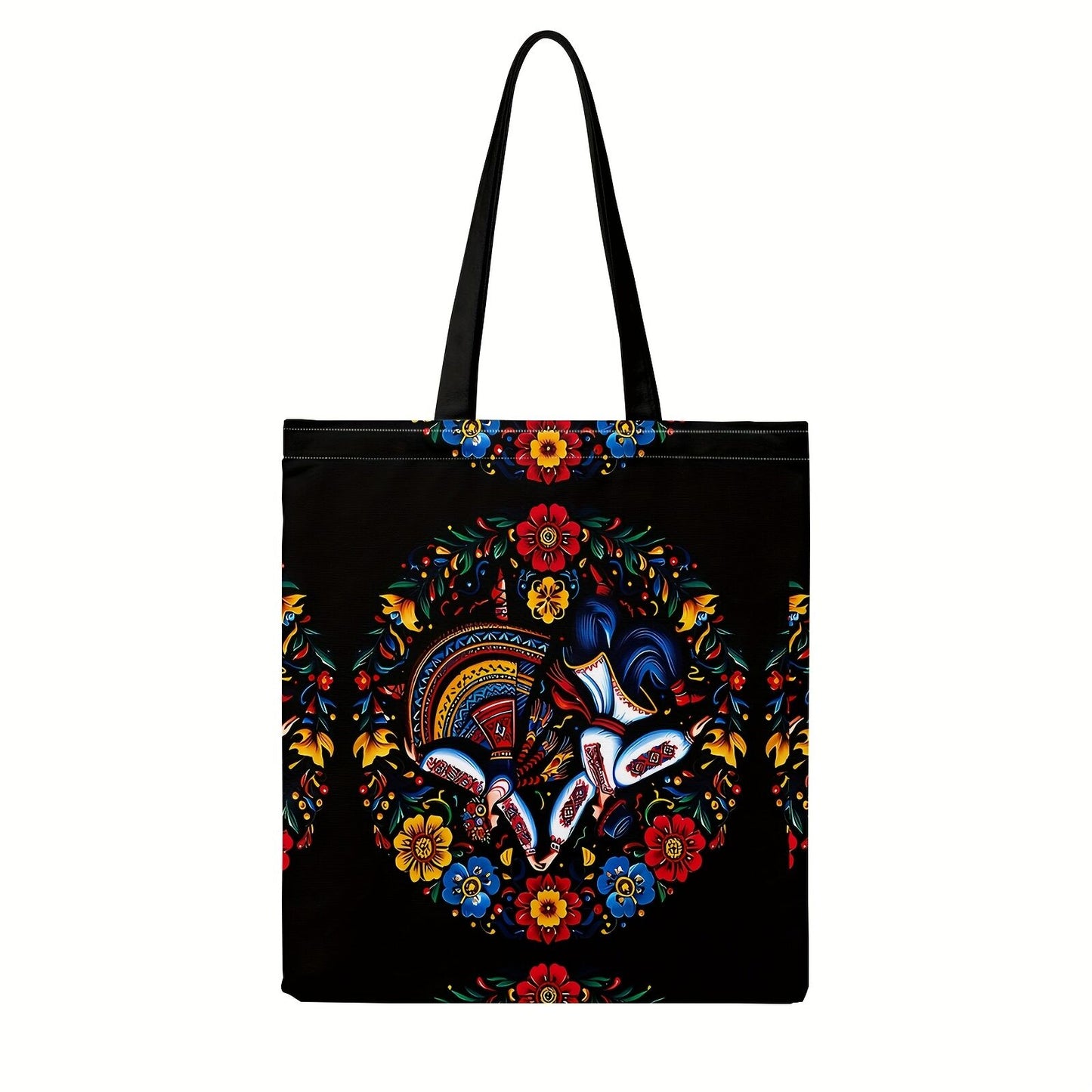 Ukrainian Floral Print Tote Bag - Black with Colourful Ethnic Pattern & Fixed Shoulder Straps-1