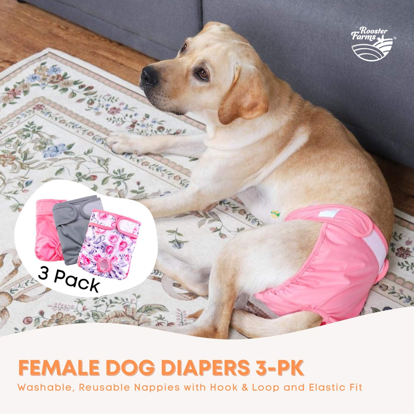 Rooster Farms Female Dog Diapers 3Pk Washable Reusable Nappies Hook + Loop Fit-1