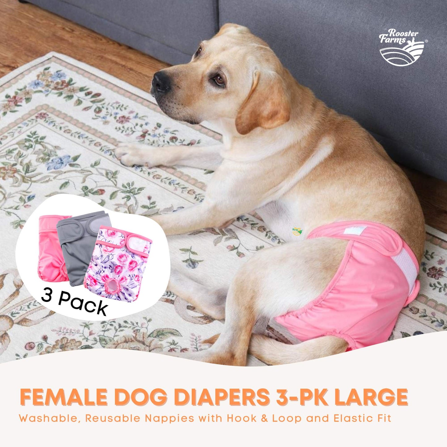 Rooster Farms Female Dog Diapers Large 3Pk - Washable Reusable Nappies Hook/Loop-1