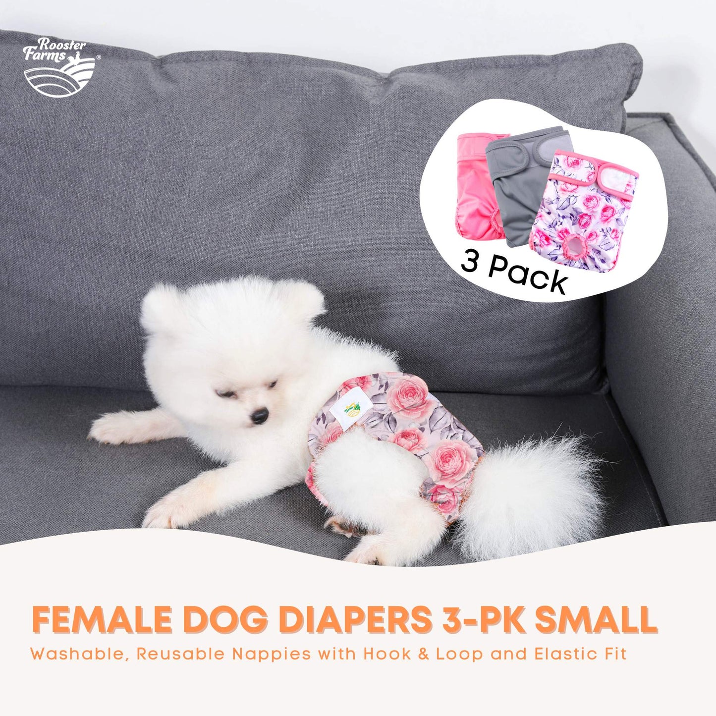 Rooster Farms Female Dog Diapers Small 3Pk - Washable Reusable Nappies Hook/Loop-1