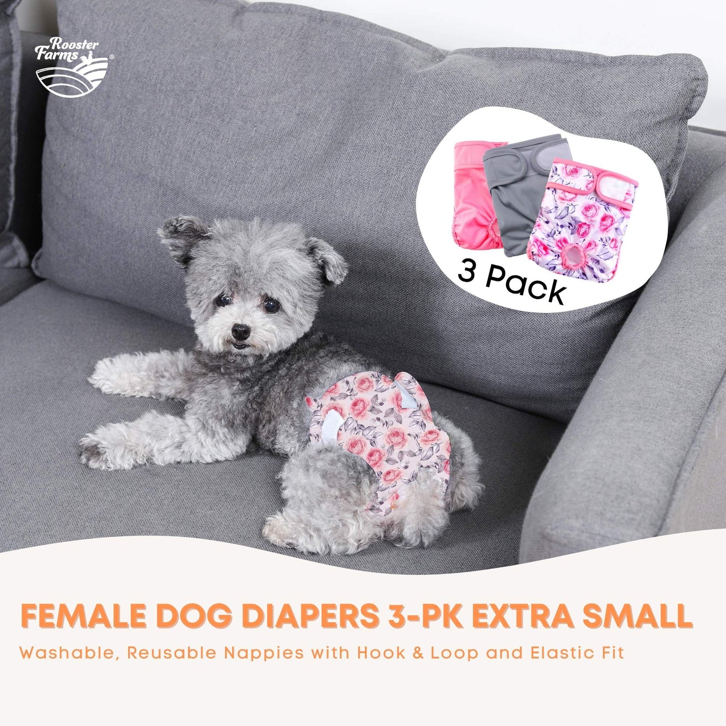 Rooster Farms Female Dog Diapers XSmall 3Pk - Washable Reusable Nappy Hook/Loop-1