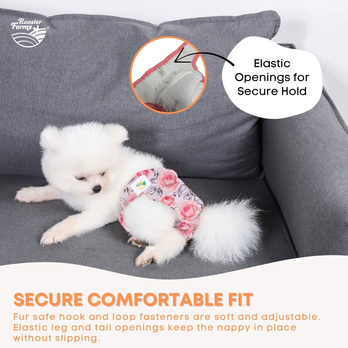 Rooster Farms Female Dog Diapers Large 3Pk - Washable Reusable Nappies Hook/Loop-2