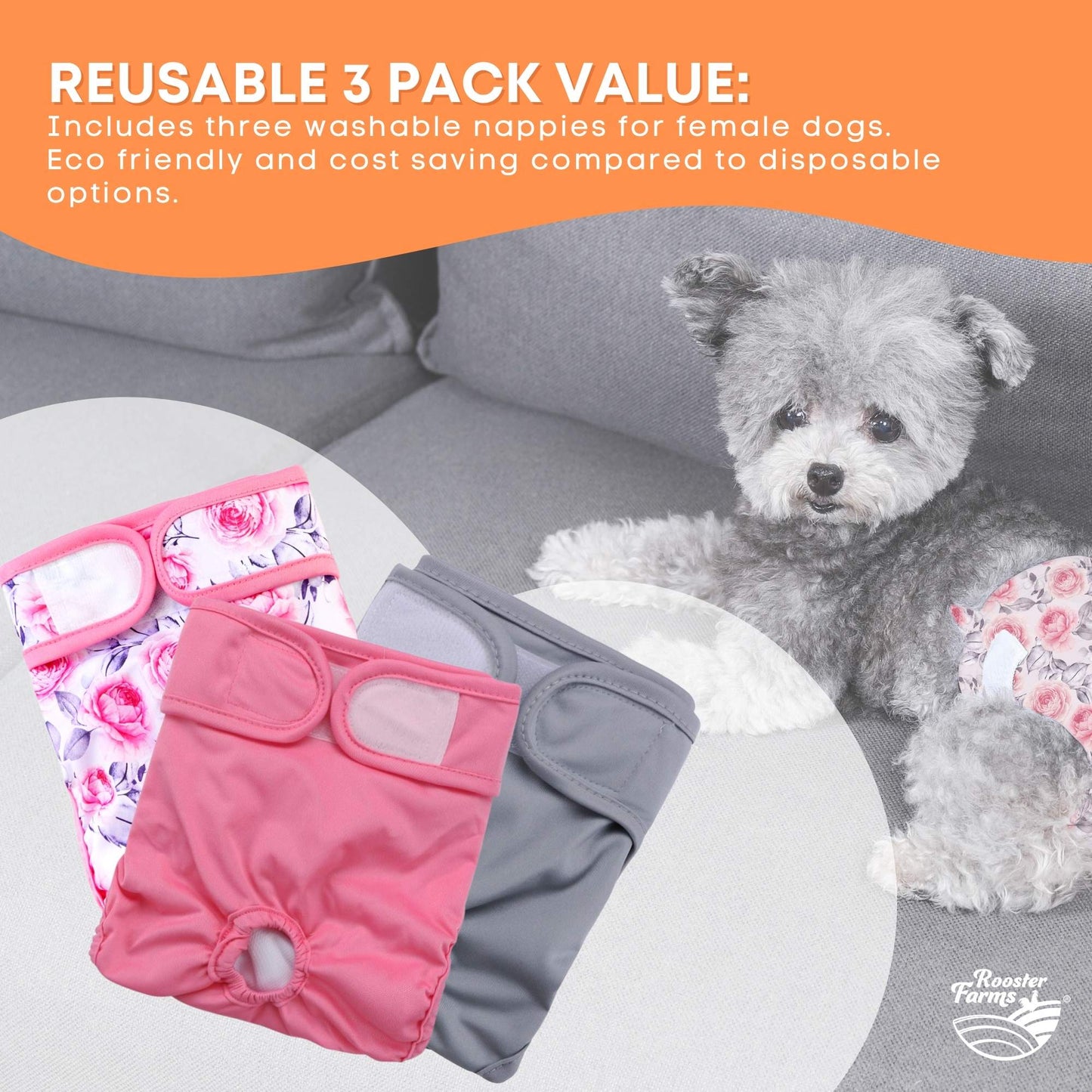 Rooster Farms Female Dog Diapers Large 3Pk - Washable Reusable Nappies Hook/Loop-3
