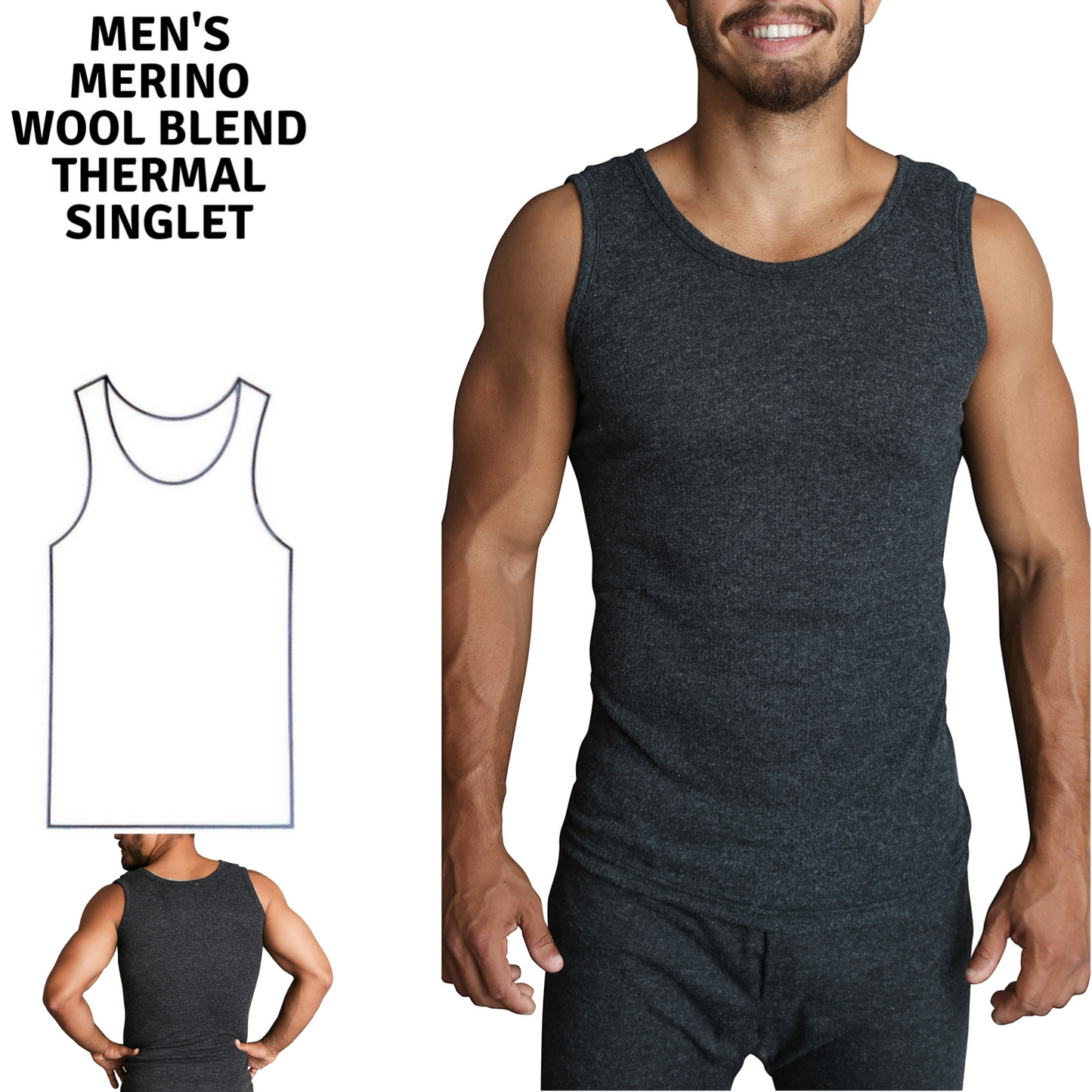 Mens THERMAL Merino Wool Blend Singlet Top Sleeveless Warm Underwear - Black-1