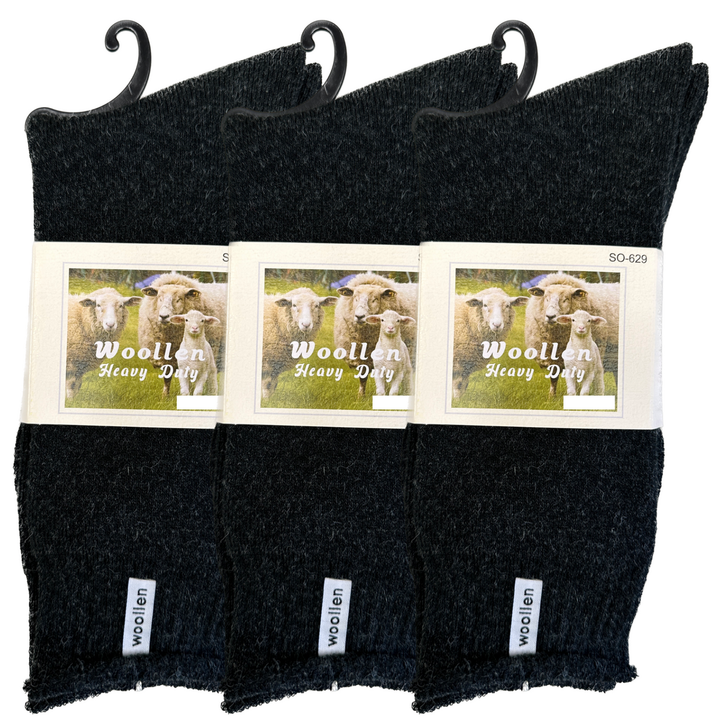 3 Pairs Premium Mens Wool Heavy Duty Thick Work Socks Cushion Woolen - Black-1