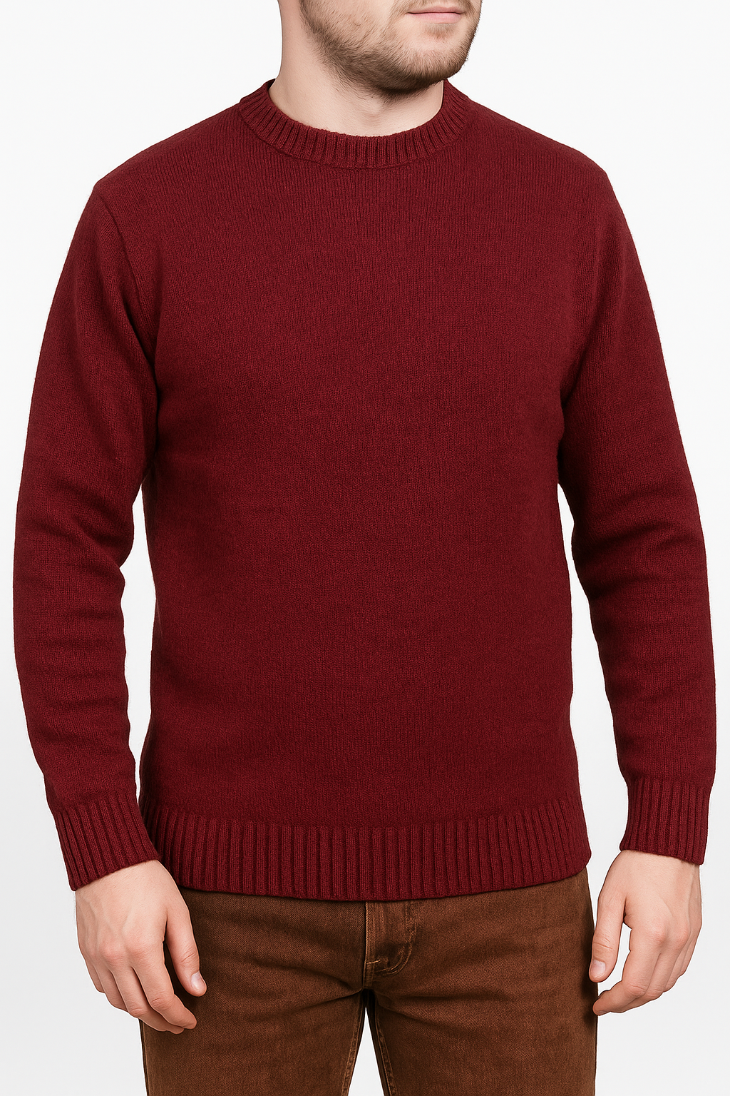 100% SHETLAND RAGG WOOL CREW Round Neck Knit JUMPER Pullover Mens Sweater Knitted - Burgundy-0