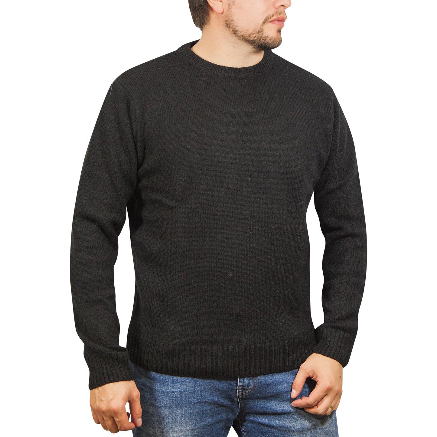100% SHETLAND RAGG WOOL CREW Round Neck Knit JUMPER Pullover Mens Sweater Knitted - Plain Black-0