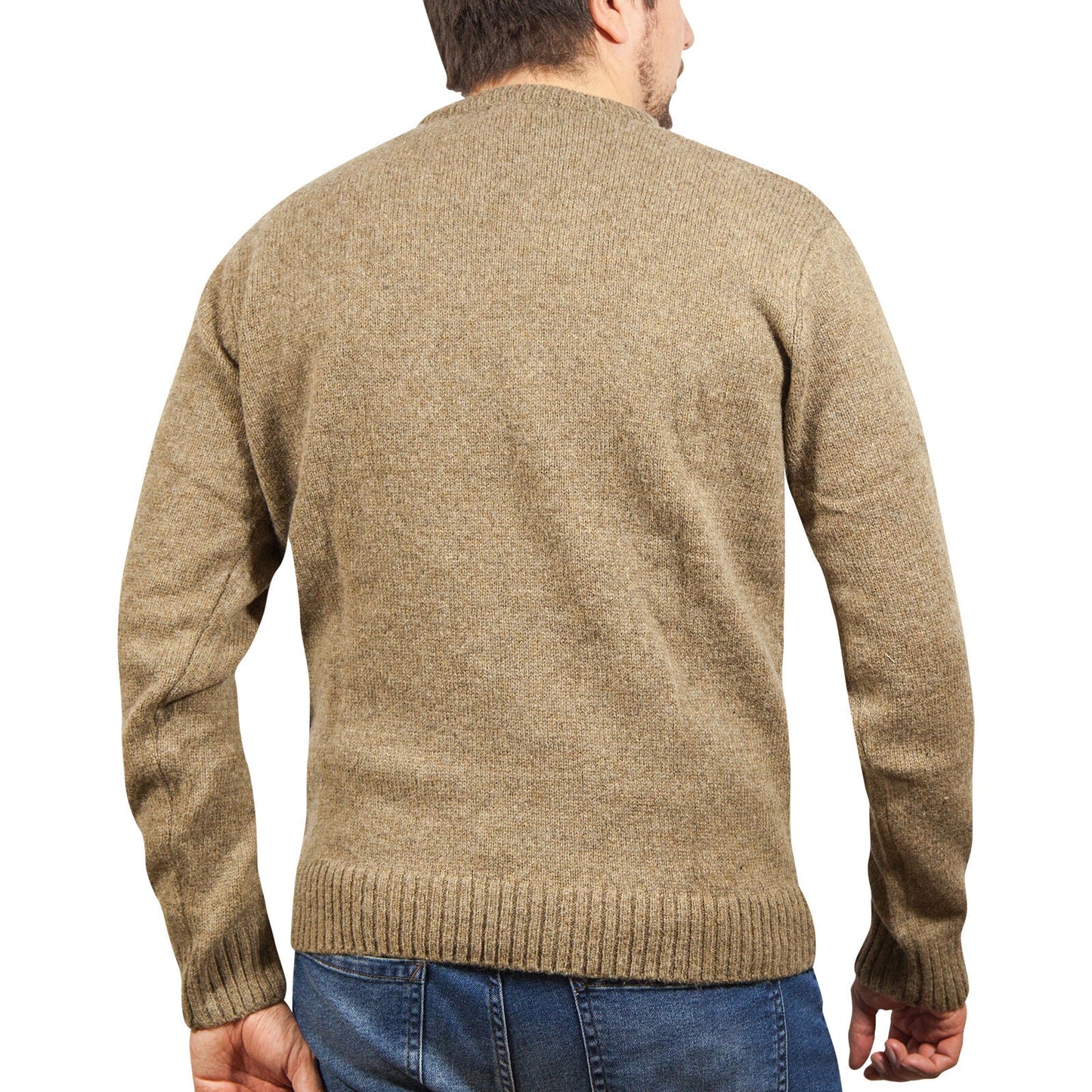 100% SHETLAND RAGG WOOL CREW Round Neck Knit JUMPER Pullover Mens Sweater Knitted - Nutmeg-3
