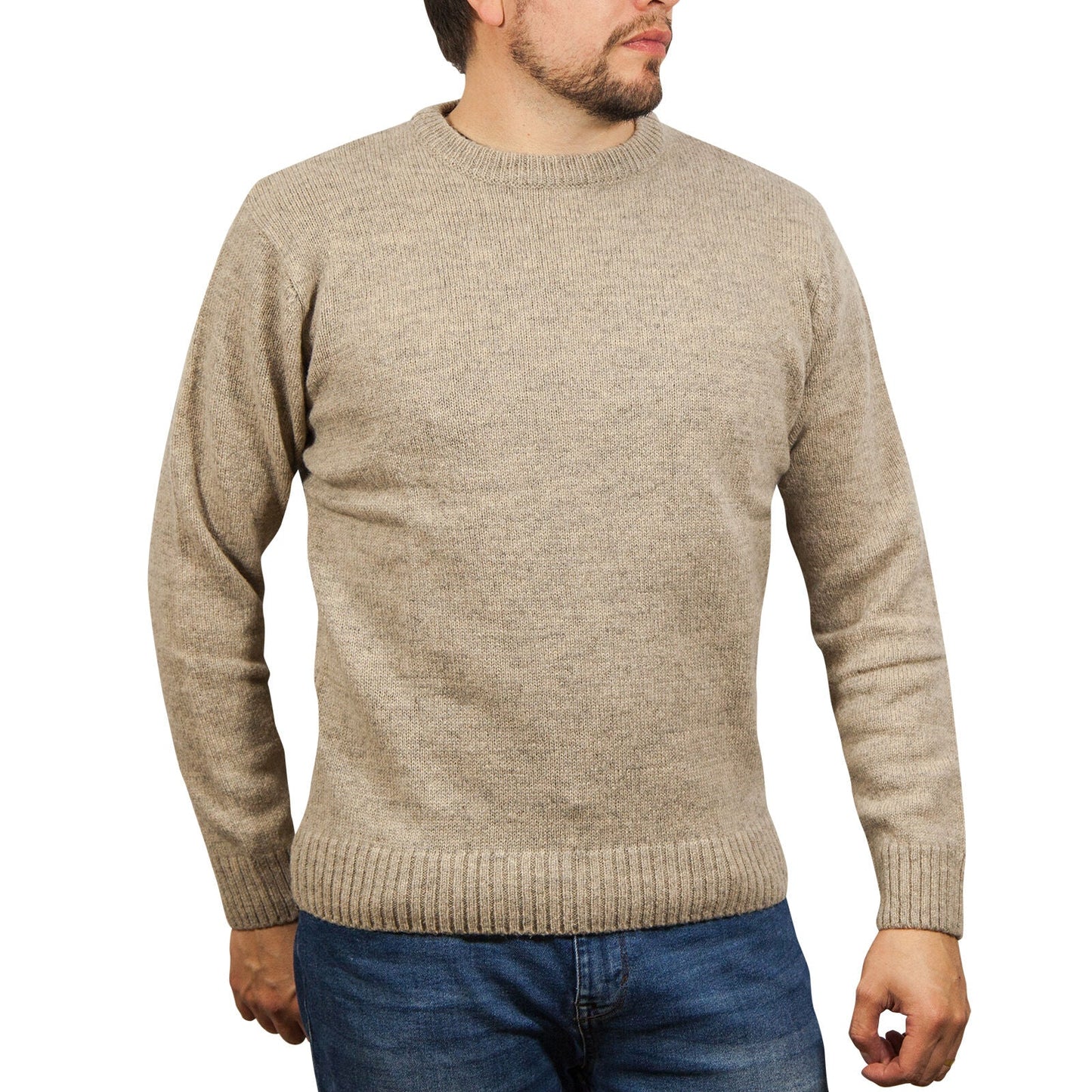 100% SHETLAND RAGG WOOL CREW Round Neck Knit JUMPER Pullover Mens Sweater Knitted - Beige-1