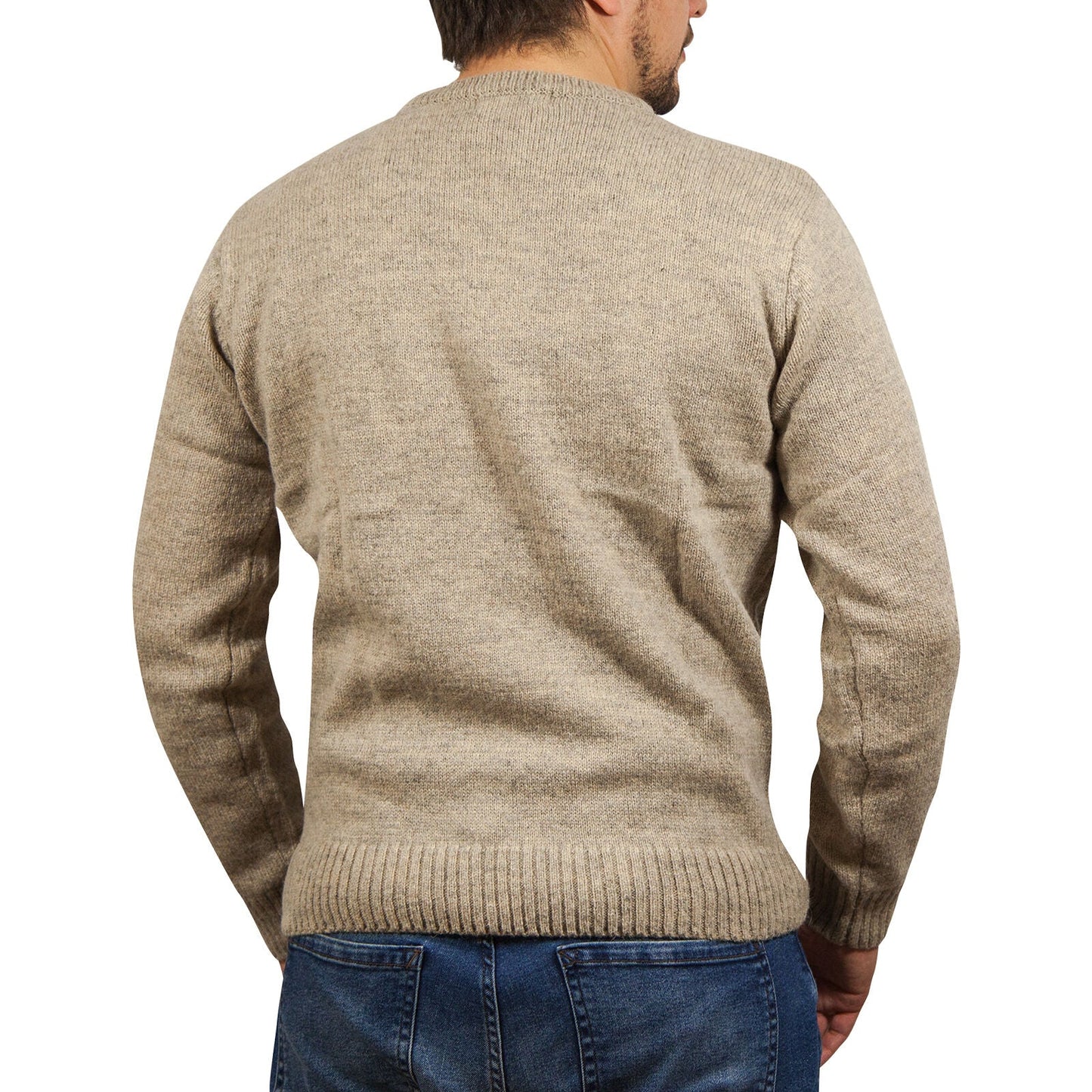 100% SHETLAND RAGG WOOL CREW Round Neck Knit JUMPER Pullover Mens Sweater Knitted - Beige-3