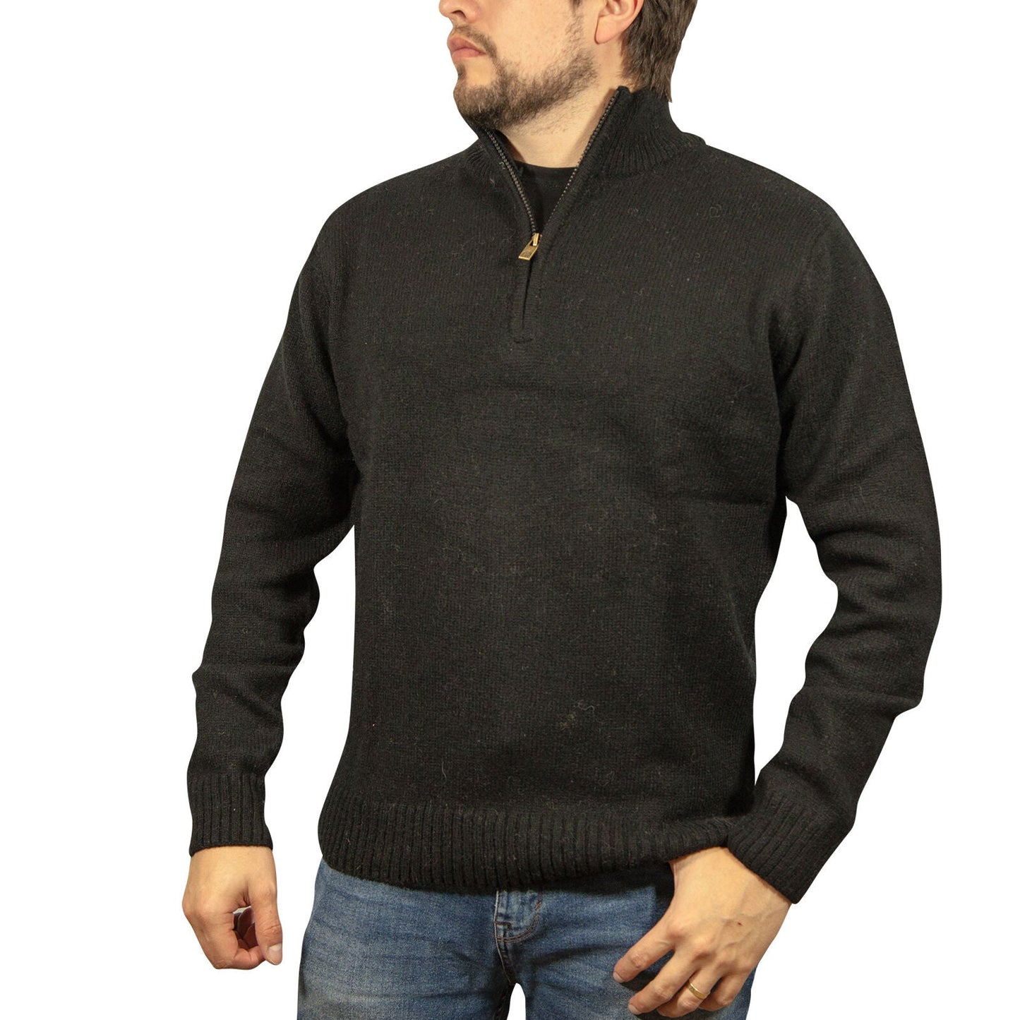100% SHETLAND RAGG WOOL Half Zip Up Knit JUMPER Pullover Mens Sweater Knitted - Plain Black-1