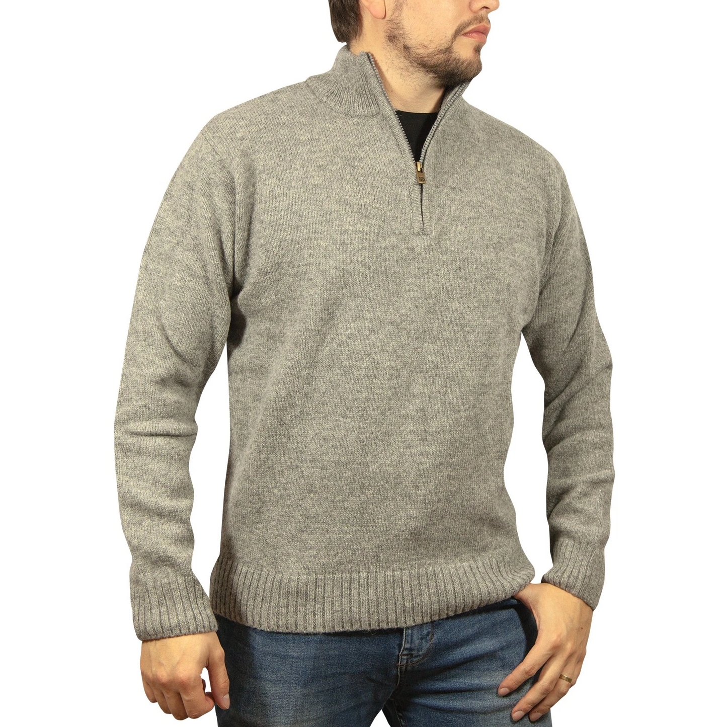 100% SHETLAND RAGG WOOL Half Zip Up Knit JUMPER Pullover Mens Sweater Knitted - Grey - M-0