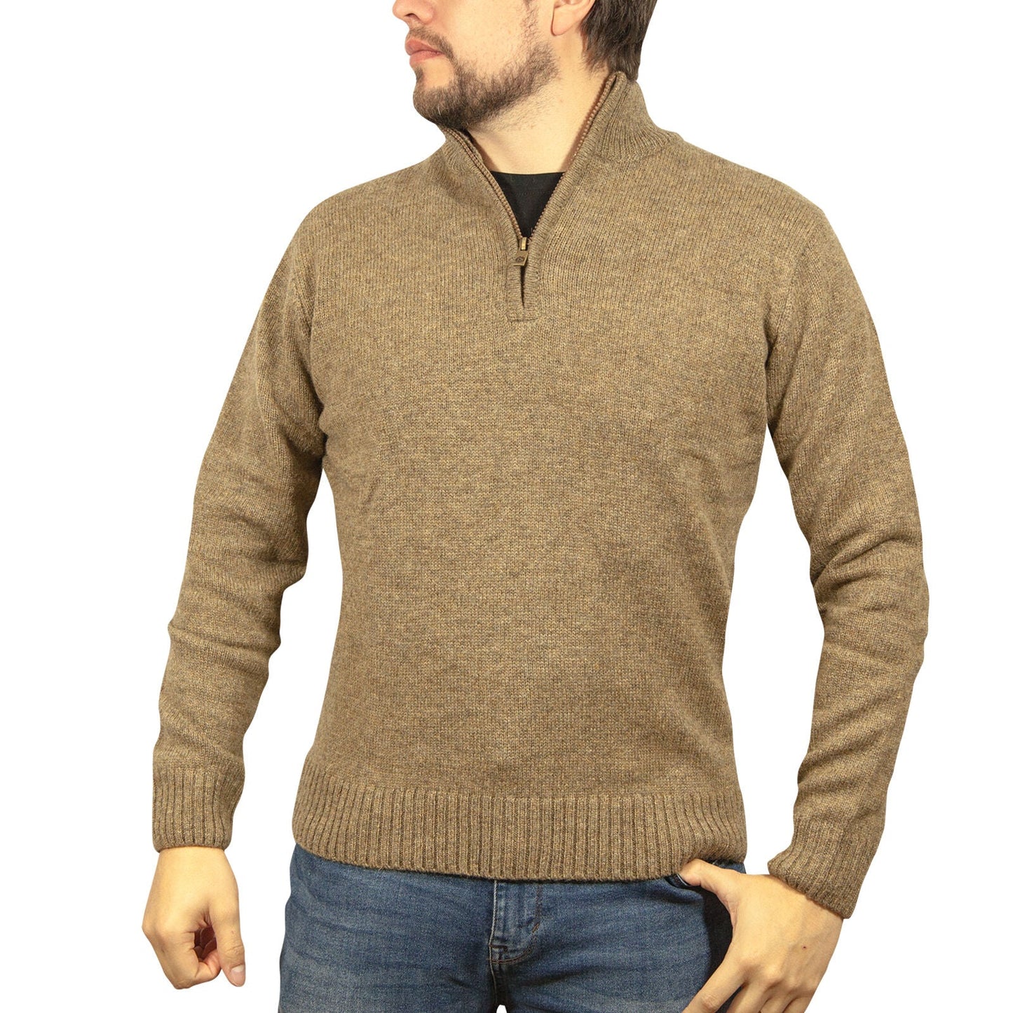 100% SHETLAND RAGG WOOL Half Zip Up Knit JUMPER Pullover Mens Sweater Knitted - Nutmeg-0