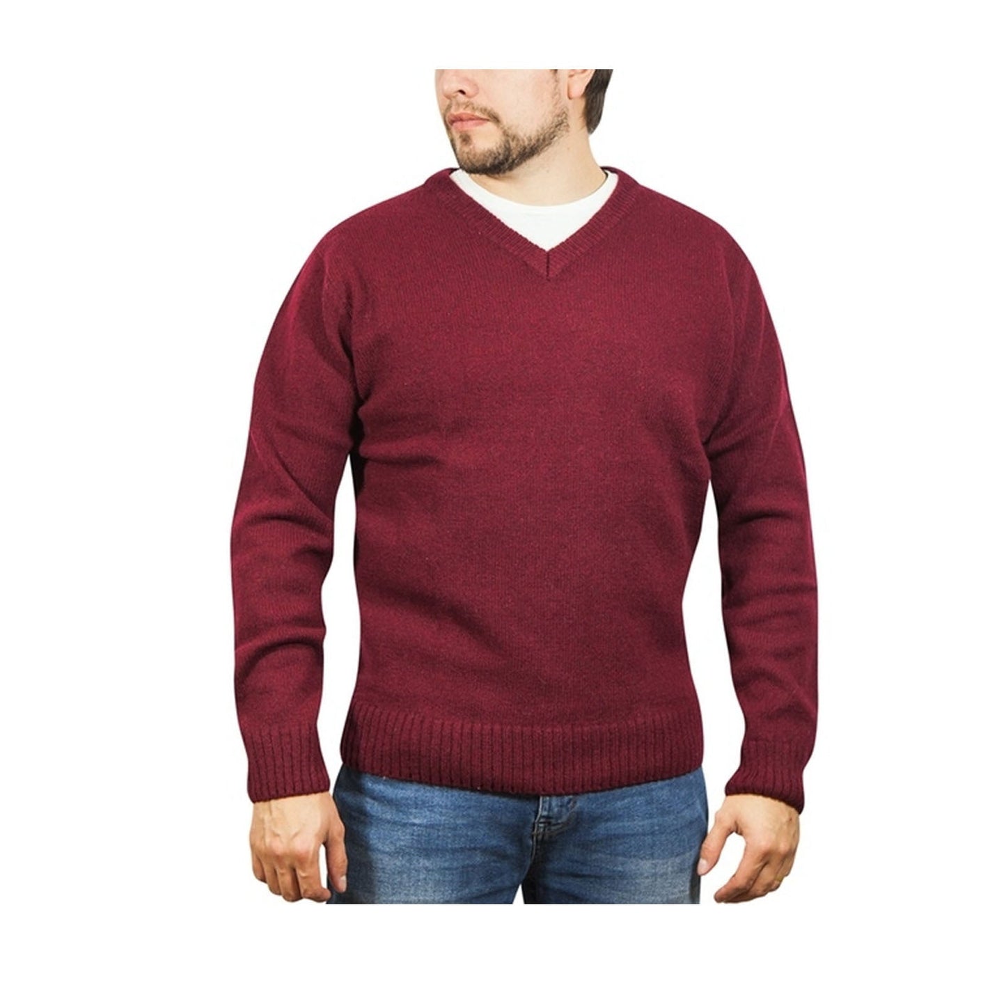 100% Shetland Ragg Wool V Neck Knit Jumper Pullover Mens Sweater Knitted - Burgundy-0