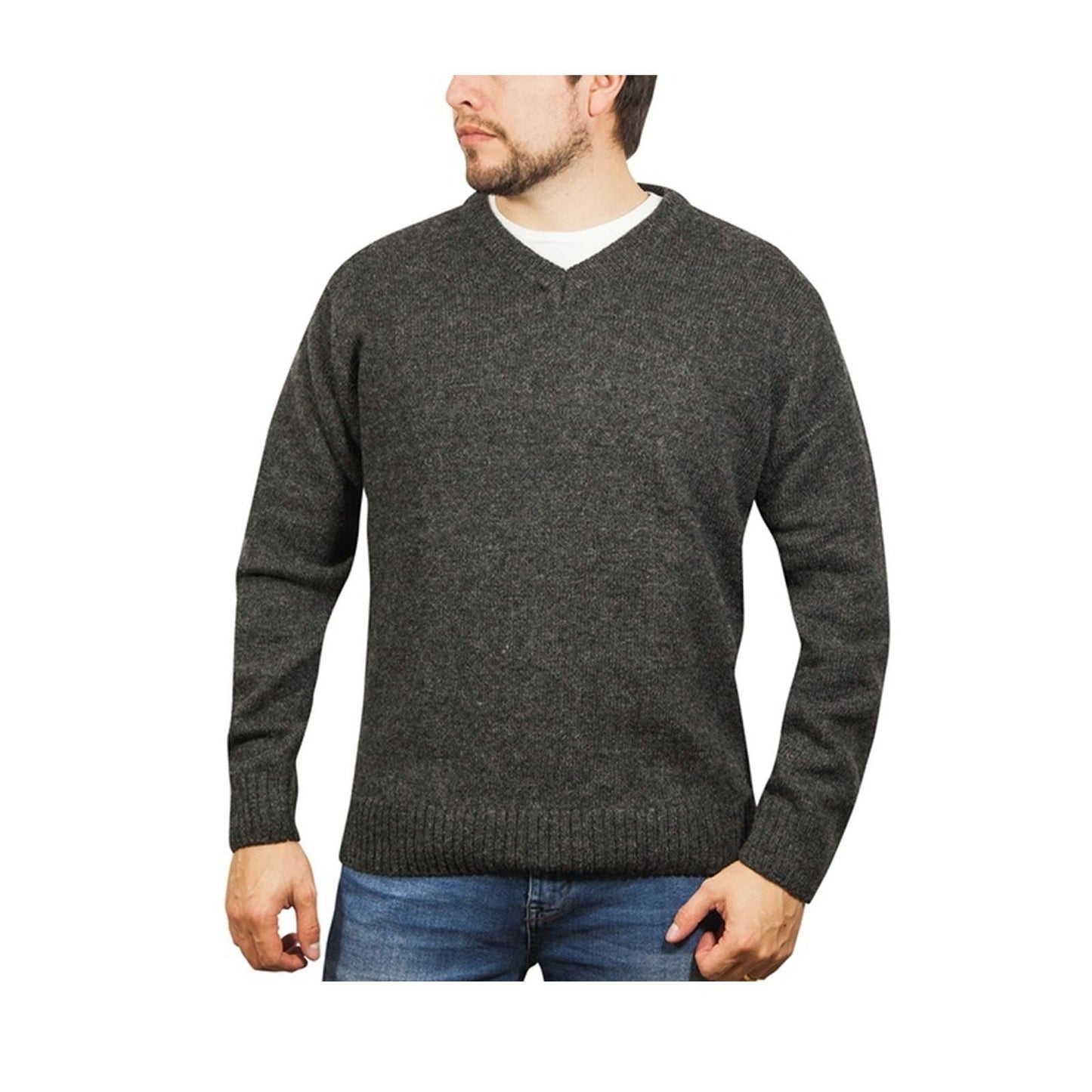 100% Shetland Ragg Wool V Neck Knit Jumper Pullover Mens Sweater Knitted - Charcoal-12