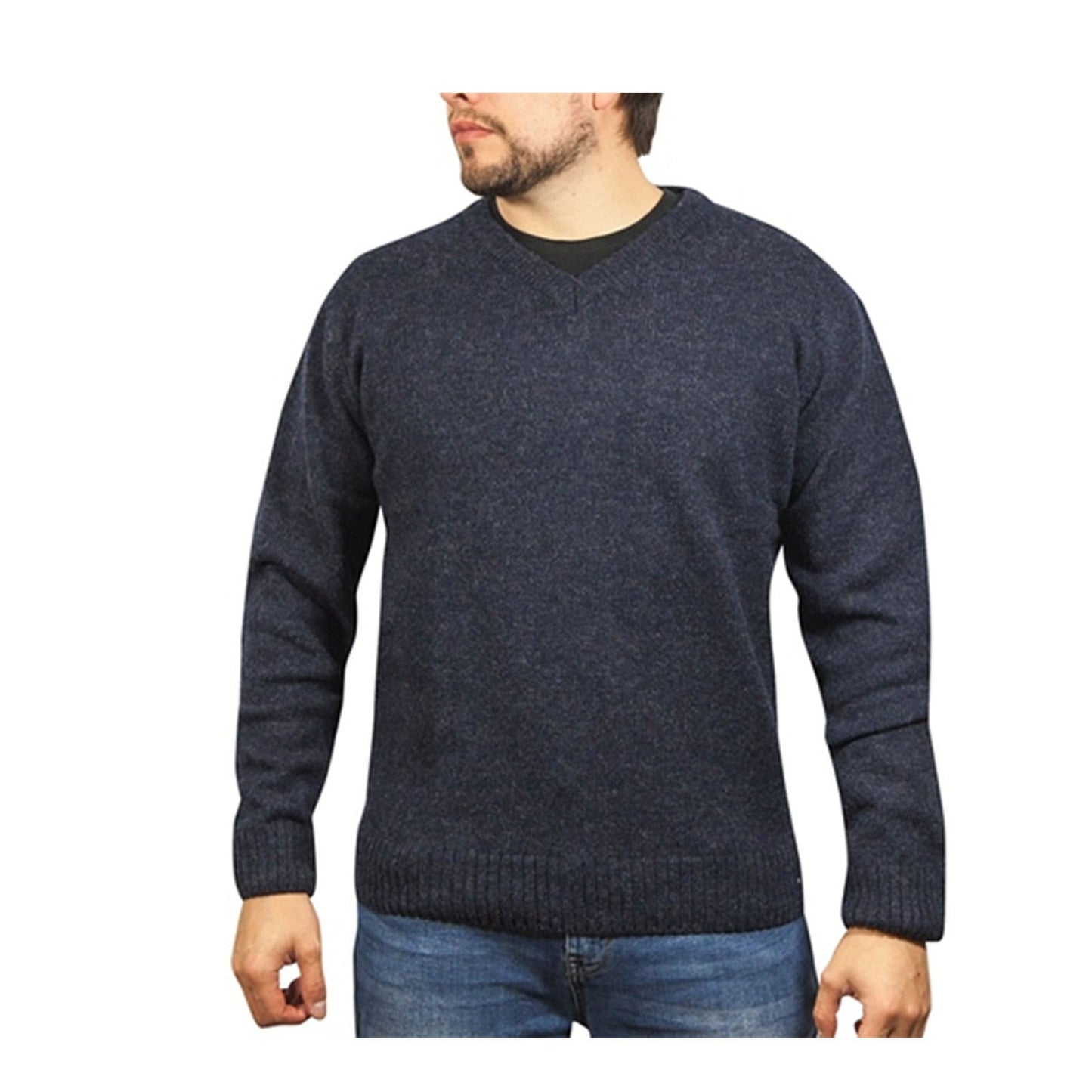 100% Shetland Ragg Wool V Neck Knit Jumper Pullover Mens Sweater Knitted - Navy-6