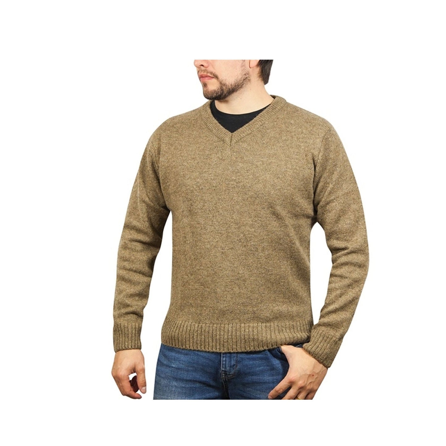 100% Shetland Ragg Wool V Neck Knit Jumper Pullover Mens Sweater Knitted - Nutmeg-5