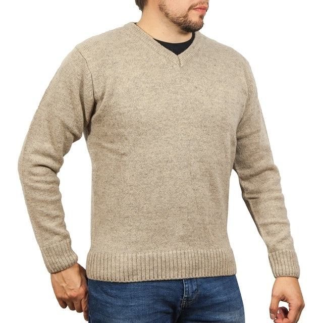 100% Shetland Ragg Wool V Neck Knit Jumper Pullover Mens Sweater Knitted - Oat Marle-1