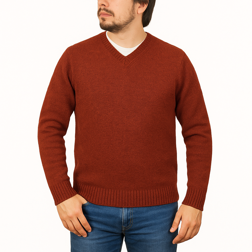 100% Shetland Ragg Wool V Neck Knit Jumper Pullover Mens Sweater Knitted - Rust Size M-1