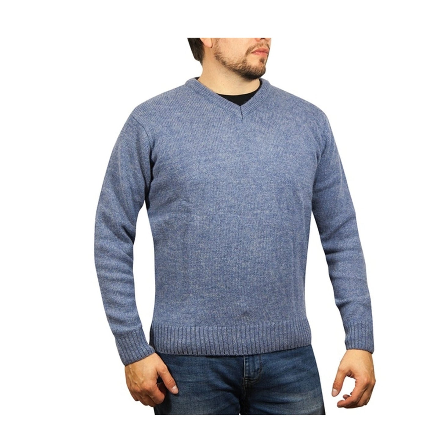 100% Shetland Ragg Wool V Neck Knit Jumper Pullover Mens Sweater Knitted - Sky-13