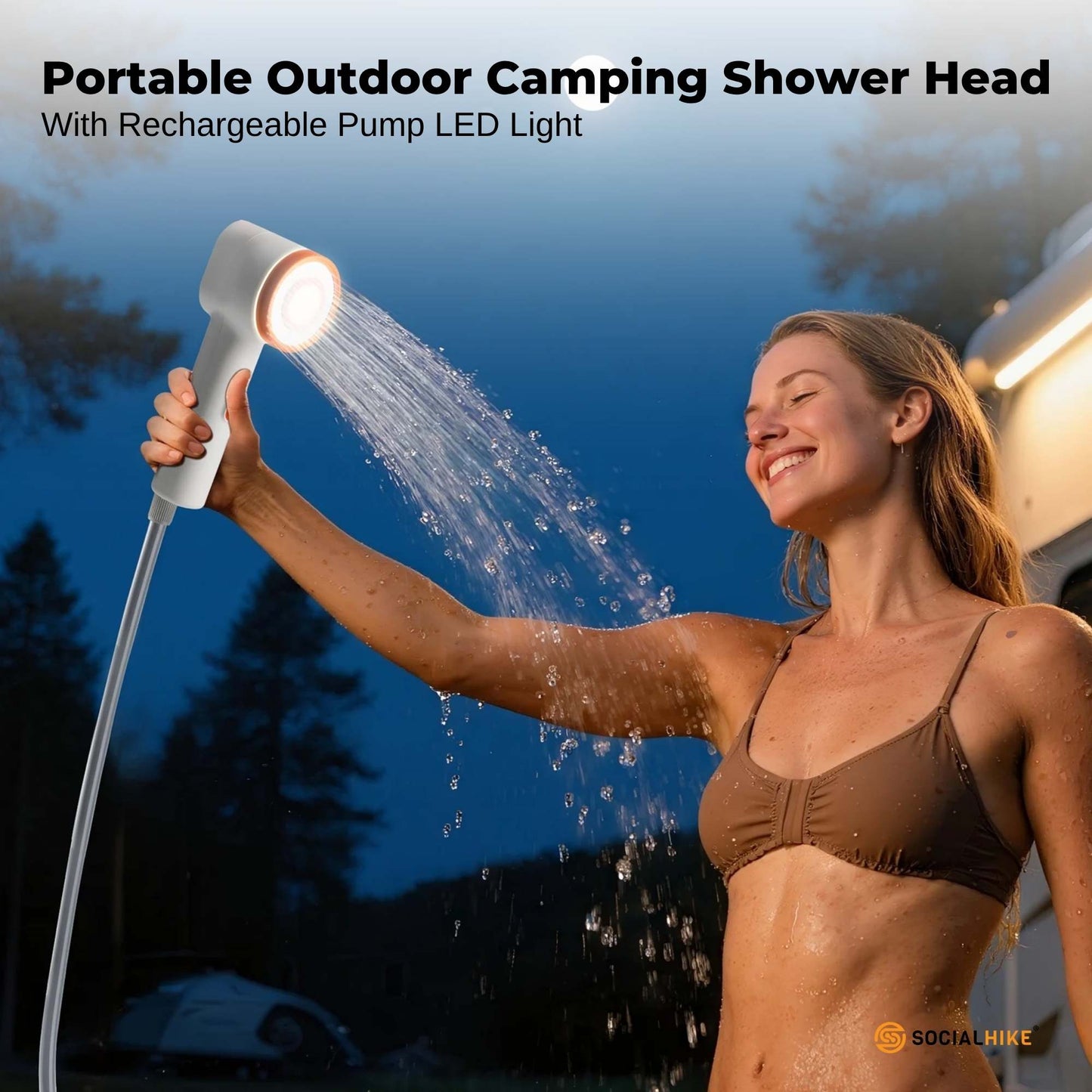 Social Hike Portable Camping Shower Head - Outdoor Rechargeable Pump LED Light-1
