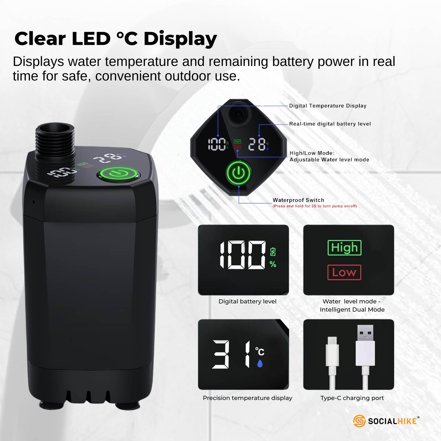 Social Hike Portable Camping Shower Kit - 6000MAh Outdoor Rechargeable Pump LED-2