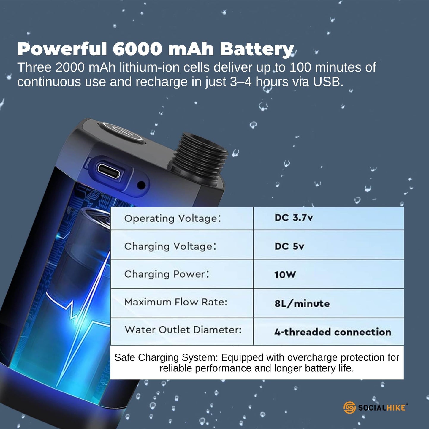 Social Hike Portable Camping Shower Kit - 6000MAh Outdoor Rechargeable Pump LED-3