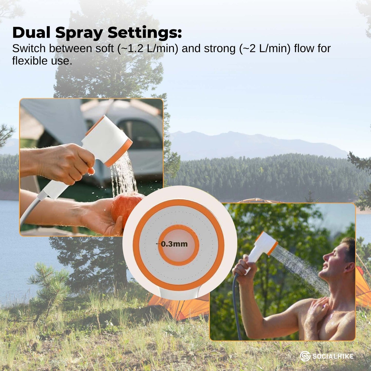 Social Hike Portable Camping Shower Head - Outdoor Rechargeable Pump LED Light-2