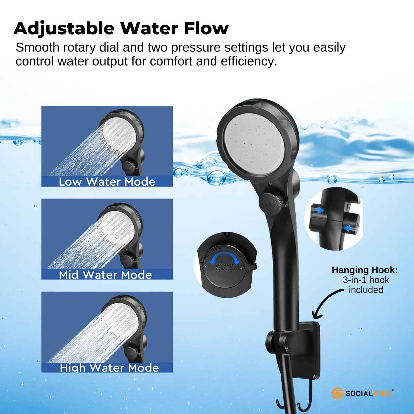 Social Hike Portable Camping Shower Kit - 6000MAh Outdoor Rechargeable Pump LED-4