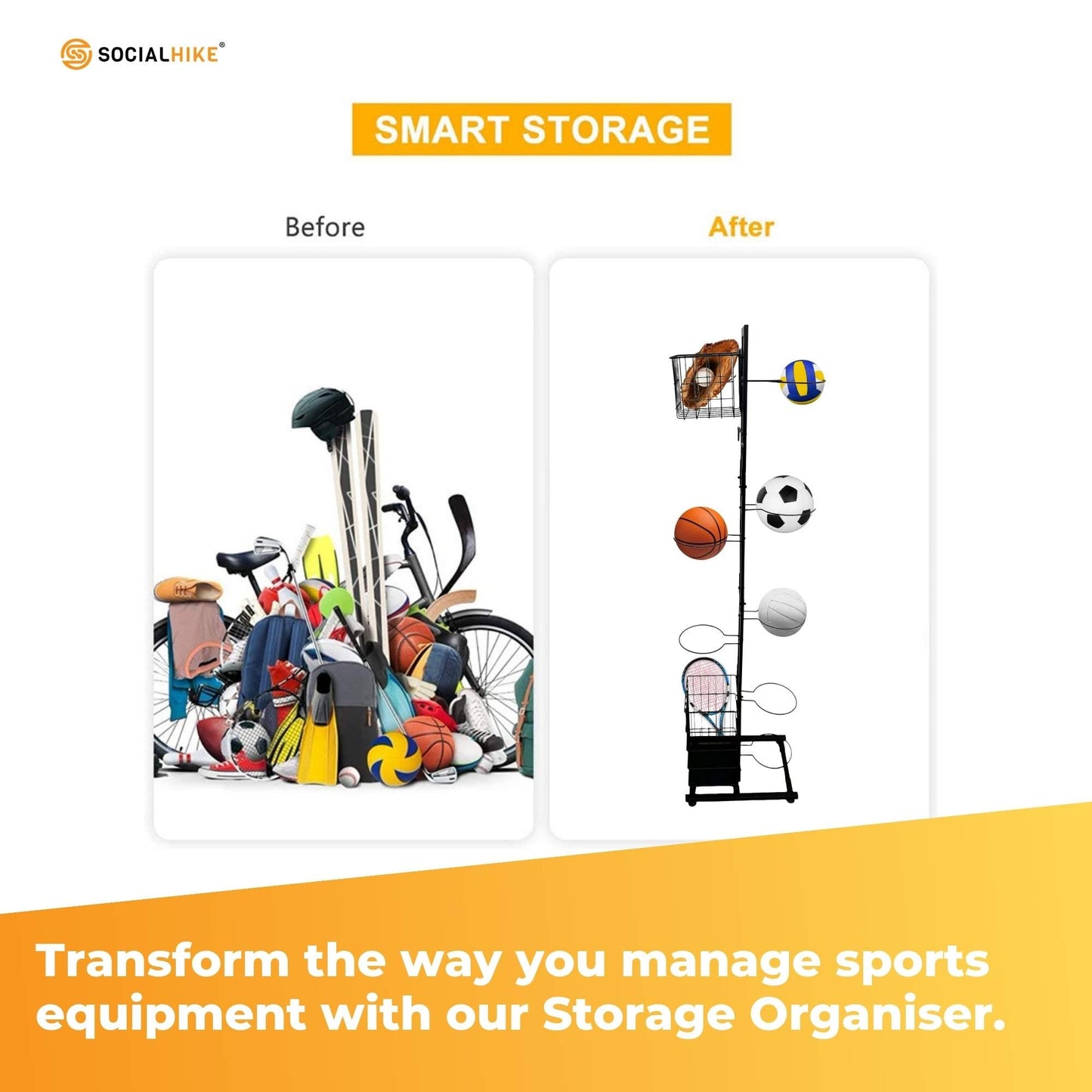Sports Equipment Storage Rack - Vertical Ball Organiser Basketball Garage Stand-4