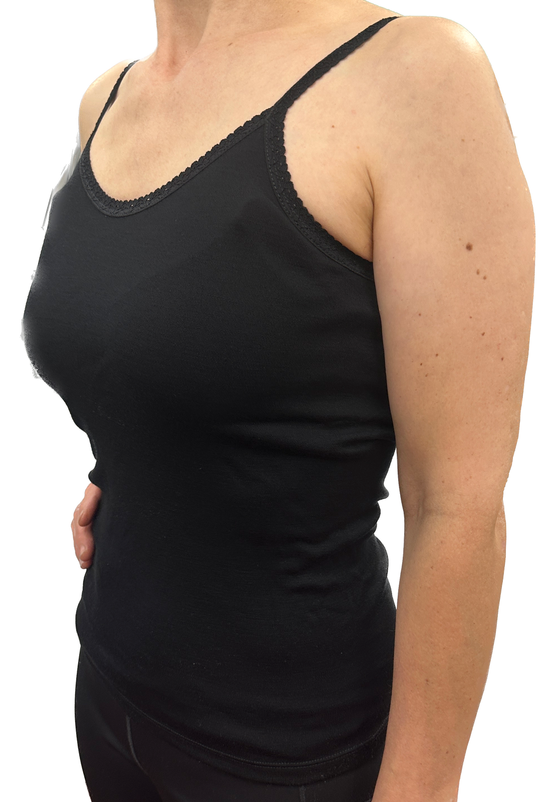Thermo Fleece Ladies Pure Wool Camisole w Lace Thermal Thermals Top Singlet - Black-0