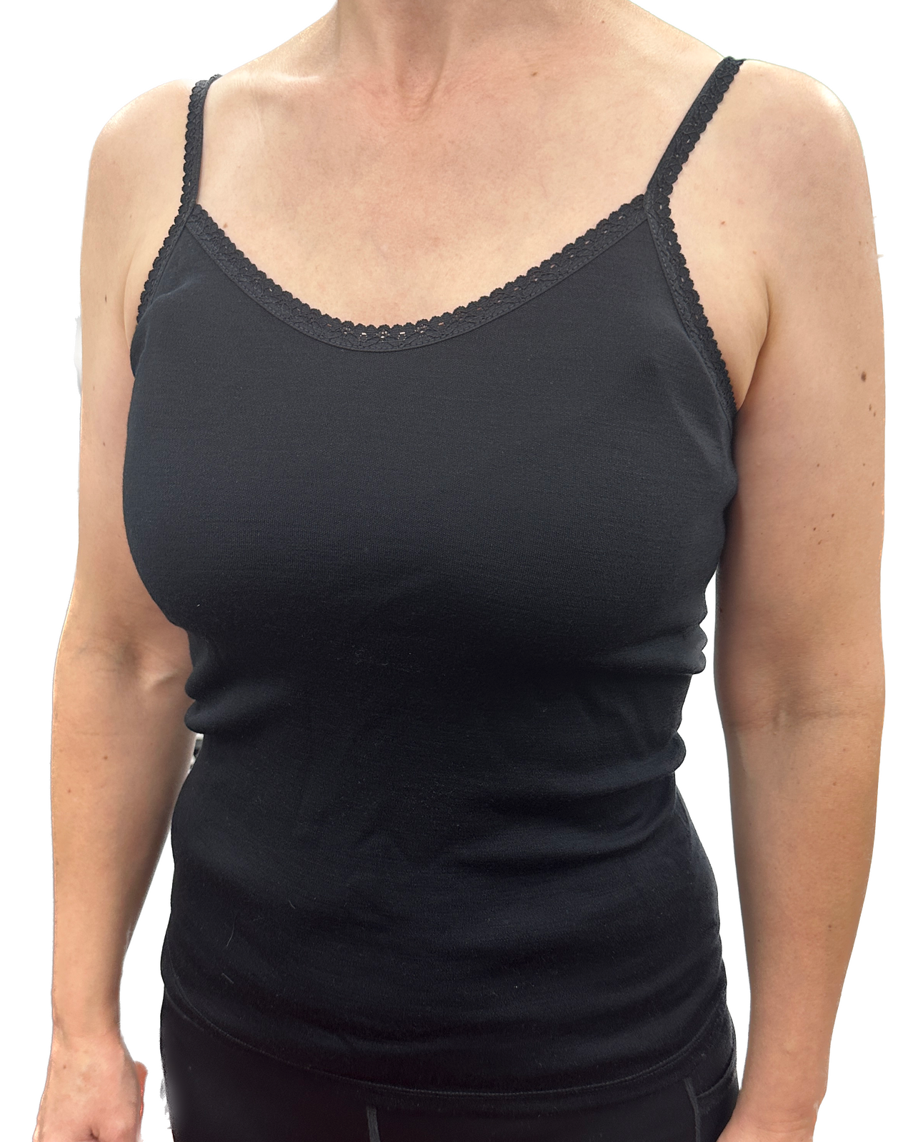 Thermo Fleece Ladies Pure Wool Camisole w Lace Thermal Thermals Top Singlet - Black-4