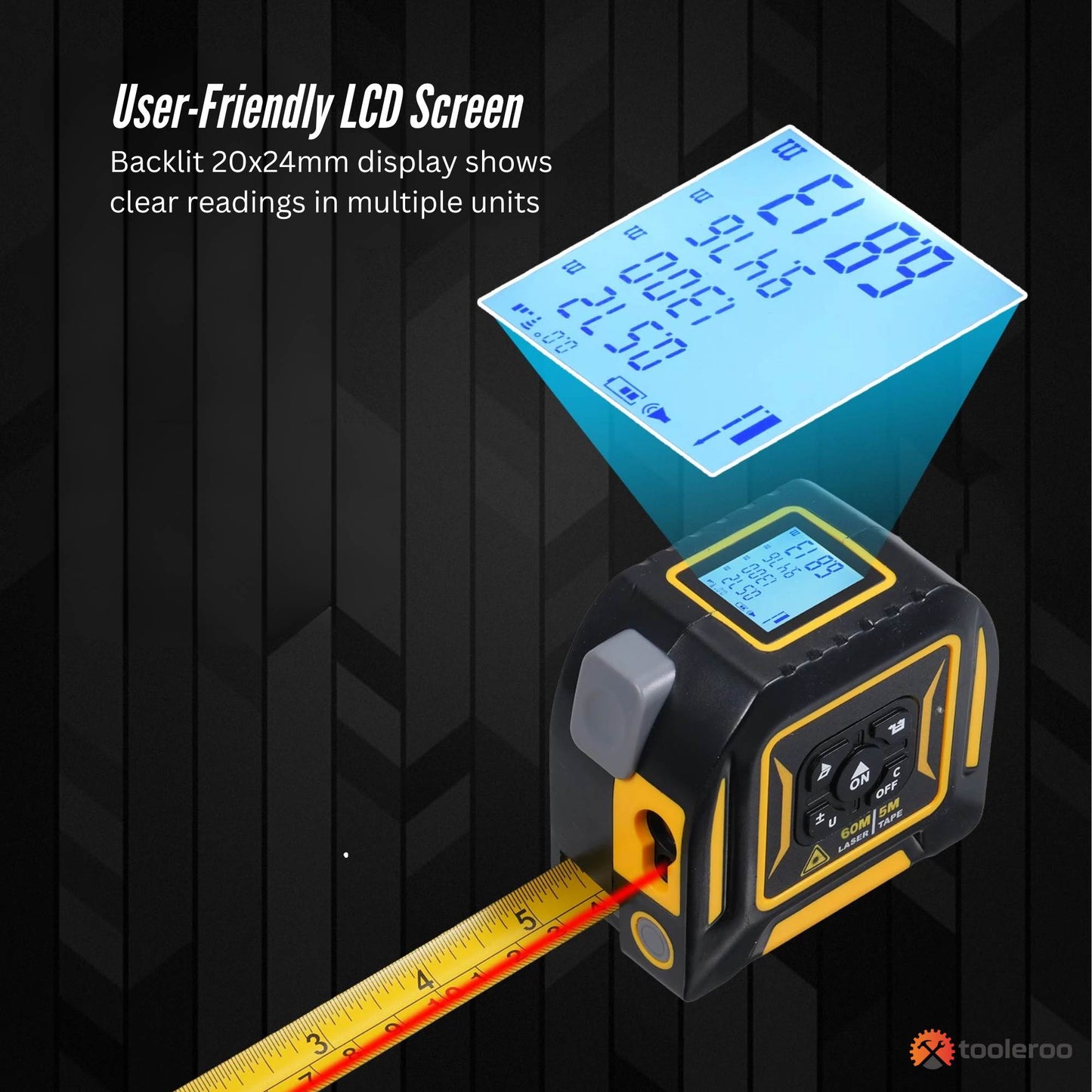 Tooleroo 60m Digital Laser Tape Measure + 5m Steel Tape – 3-in-1 Cross Marking-4