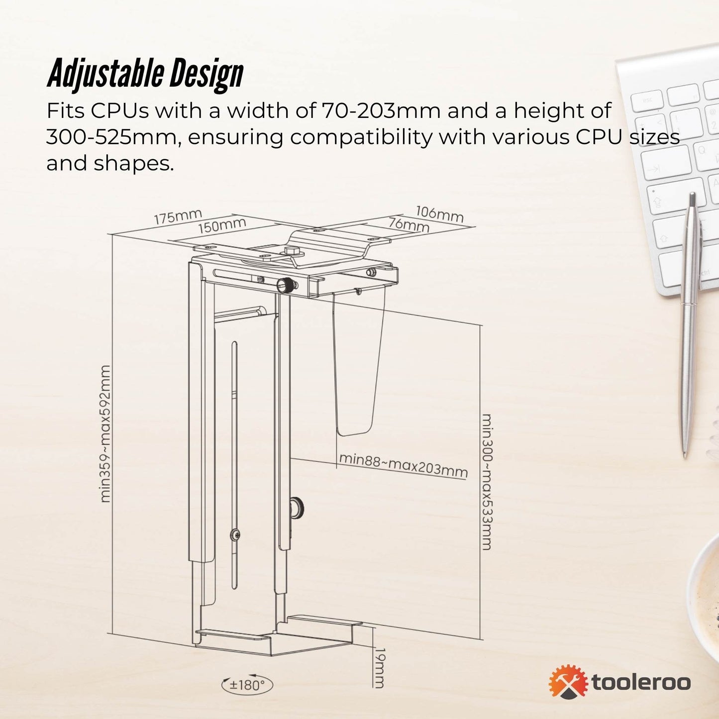 Tooleroo Under Desk CPU Holder PC Mount - Adjustable 360 Degree Rotation Rack-4