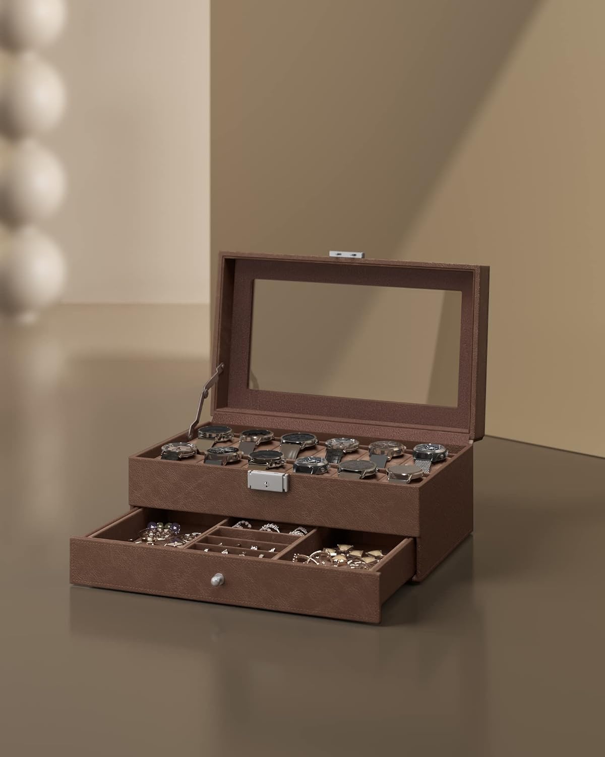 SONGMICS 2-Tier Watch Box for 12 Watches with Glass Lid and 1 Drawer Brown Lining