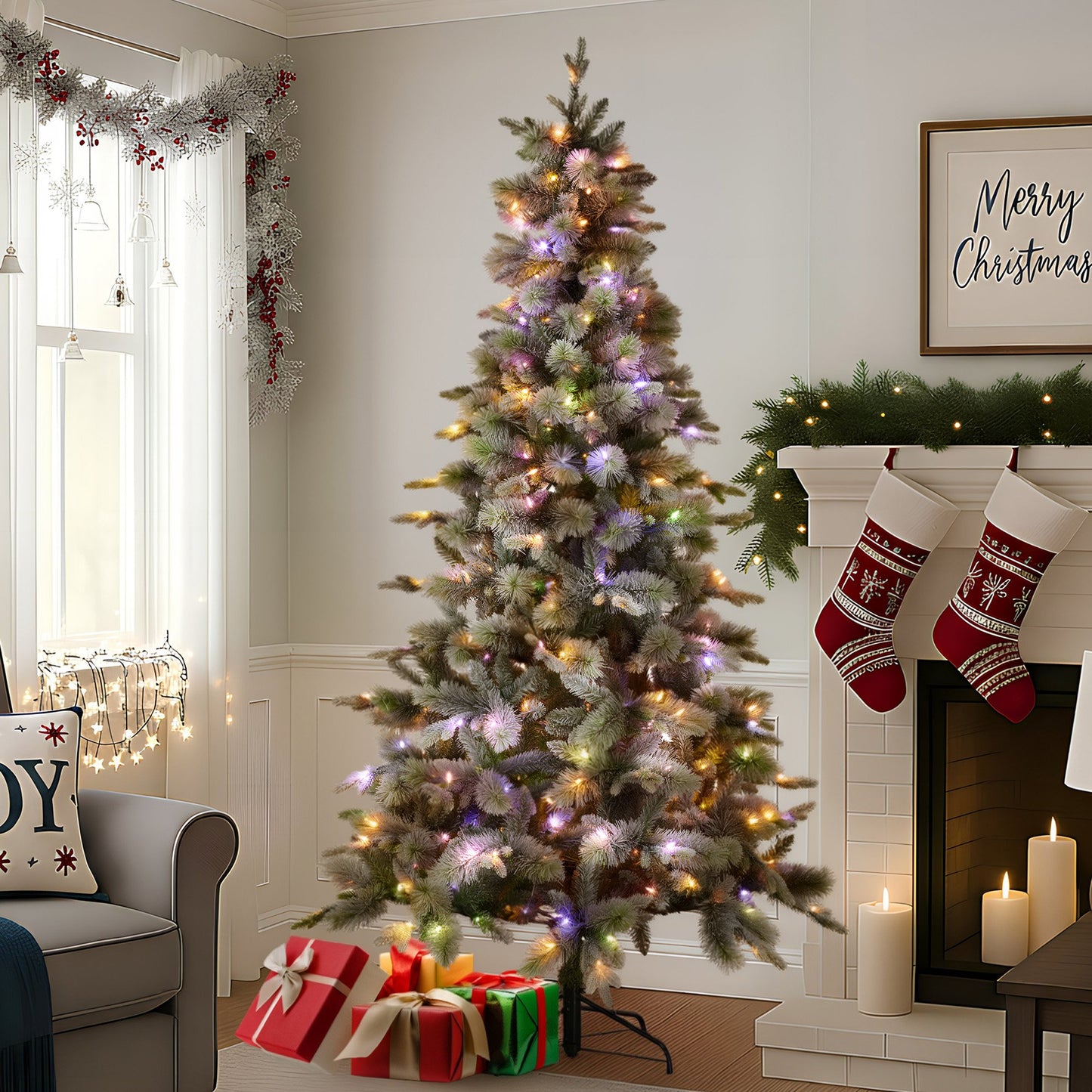 National Tree Company Snowy Stamford Spruce 7.5ft Christmas Tree Multi Functional White Coloured LED Lights & Foot Pedal