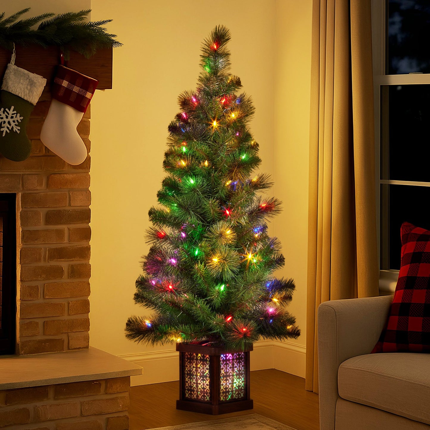 Christabelle 4ft Christmas Tree Glittery Gold Pine Led Multi Lights Xmas Decor