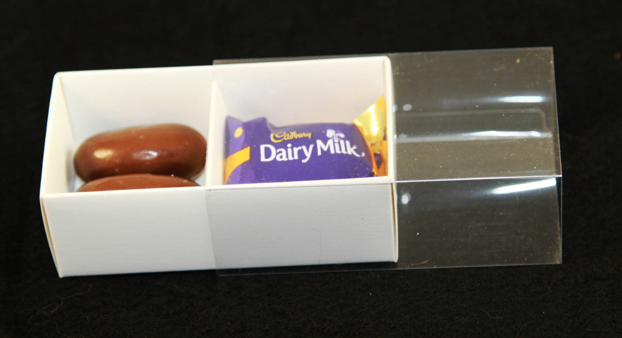 50 Pack of White Card Chocolate Sweet Soap Product Retail Gift Box - 2 Bay Compartments - Clear Slide On Lid - 8x4x3cm
