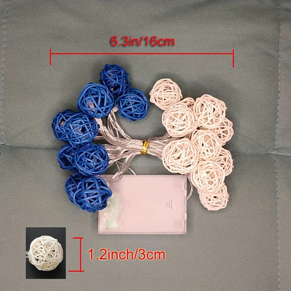 1 Set of Blue n White 5cm Rattan Cane 50 Ball Battery Powered LONG 5m String Lights Christmas Gift Home Wedding Party Bedroom Decoration Table Centrepiece