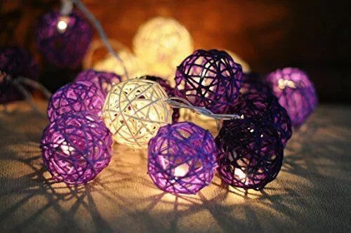 1 Set of Purple n White 5cm Rattan Cane 50 Ball Battery Powered LONG 5m String Lights Christmas Gift Home Wedding Party Bedroom Decoration Table Centrepiece